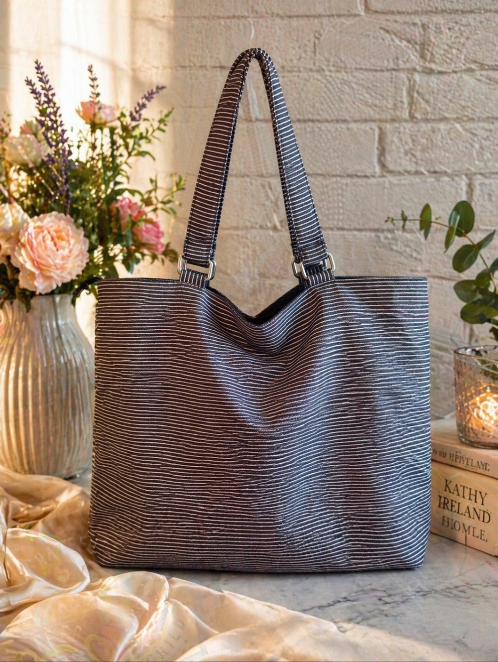 Kathy Ireland Sparkly Bow Tote Bag | Black Stripe Shoulder Bag | Glam Everyday - Picture 2 of 7